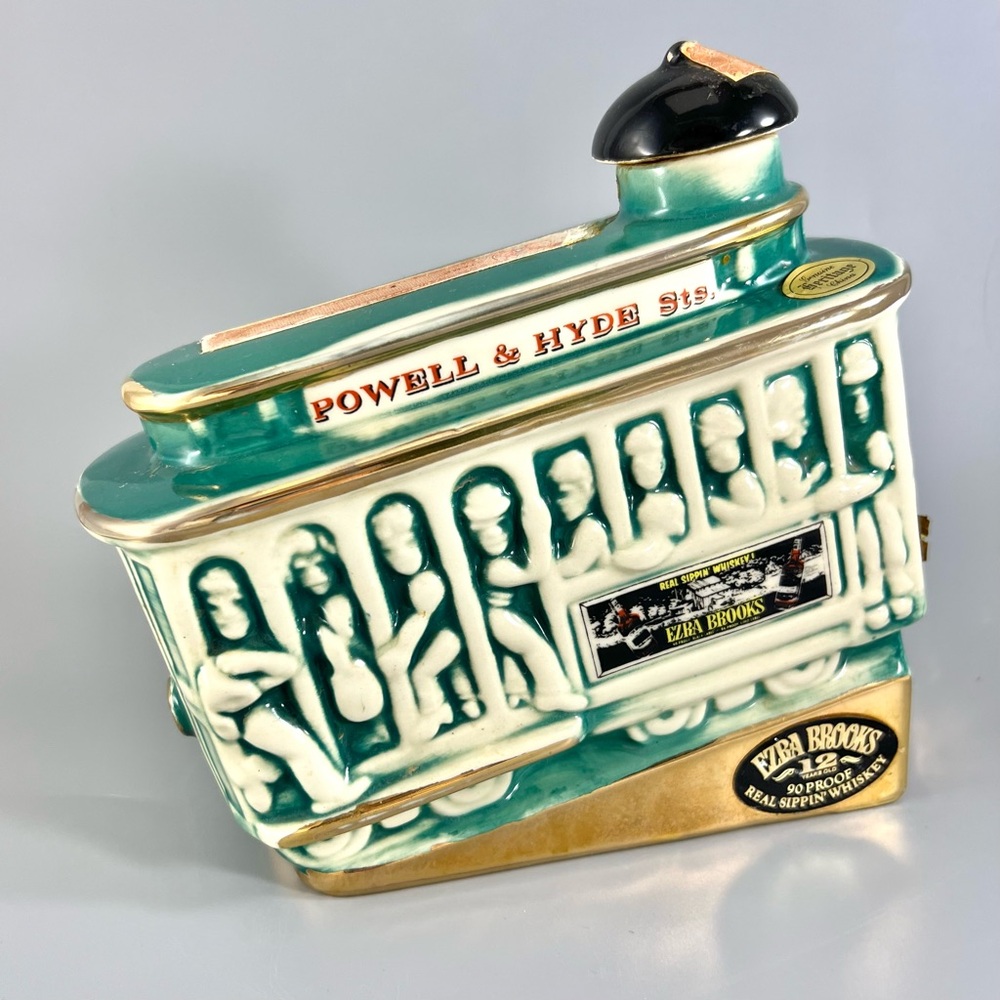 VTG Ezra Brooks Trolley Whiskey Ceramic Decanter, San Francisco Figurine EMPTY